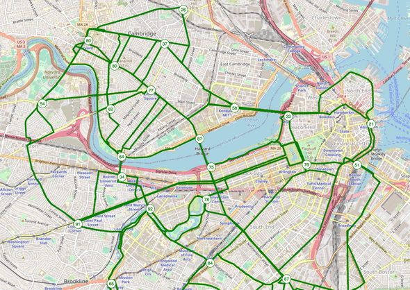 Map of Boston. Key intersections are numbered. There are highlighted routes between those intersections.
